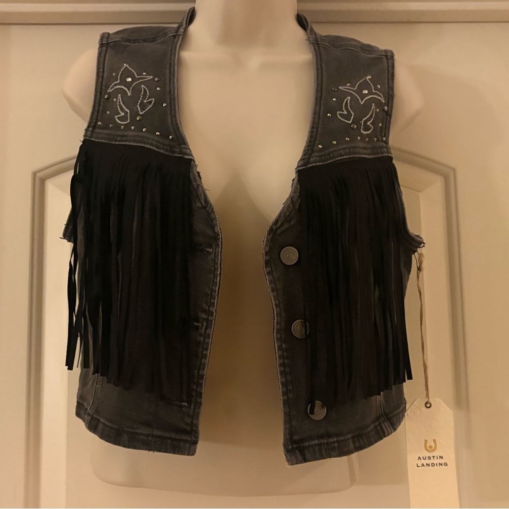 Austin Landing Denim Fringe Vest Cowgirl Cowboy Country